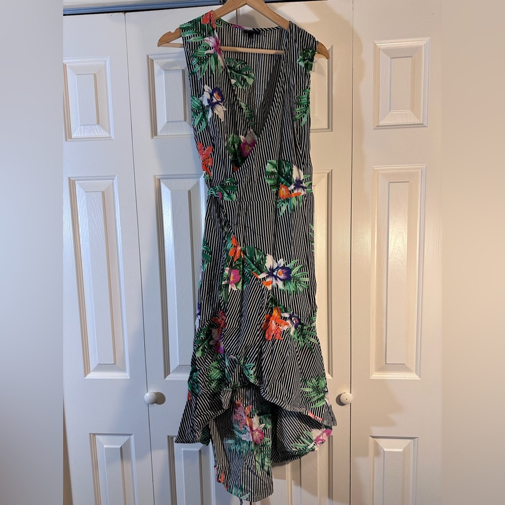 Tropical Floral Black and White Striped Sleeveless Wrap Dress